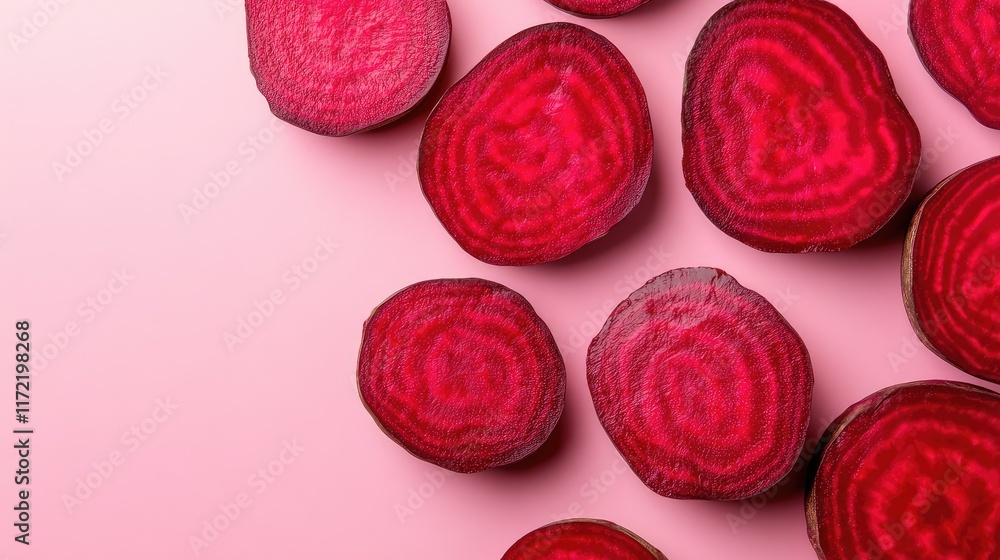 Poster overhead view of fresh beetroot slices on a pastel pink background with ample copy space.