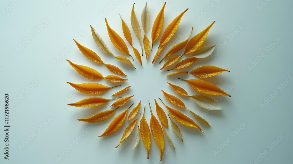Poster top-down shot of fresh orange slices arranged in a circular pattern on a white background with room 