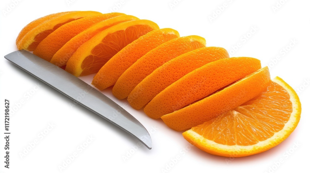 Poster top-down shot of fresh orange slices arranged in a circular pattern on a white background with room 