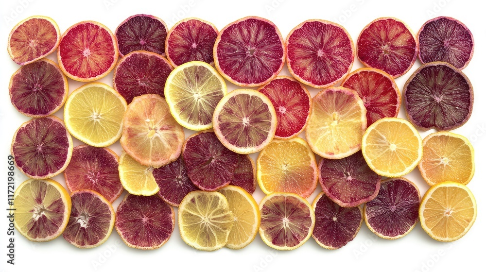 Poster top-down shot of fresh orange slices arranged in a circular pattern on a white background with room 