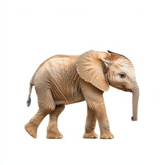 Fototapeta premium A cute, young elephant walking gracefully against a plain background, showcasing its distinctive features and playful nature.