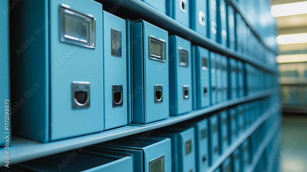 Poster blue filing cabinets: a row of blue filing cabinets on a shelf, each with a label holder, creating a