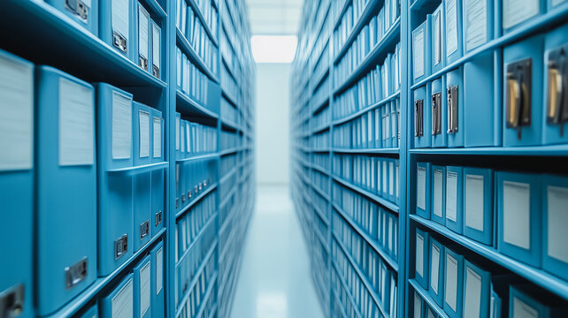 Blue Archive Aisles: Rows of light blue filing cabinets stretch into the distance, creating a visually striking and organized archive.  A sense of order and meticulous record-keeping is palpable.