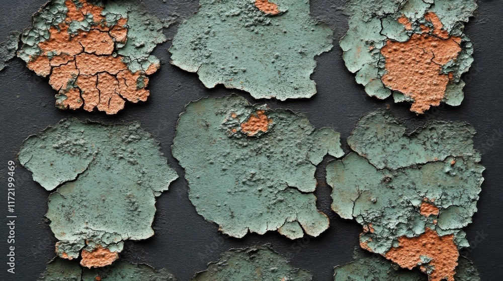 Poster textured close-up of peeling paint revealing layers of color on a wall with distressed surface in sh