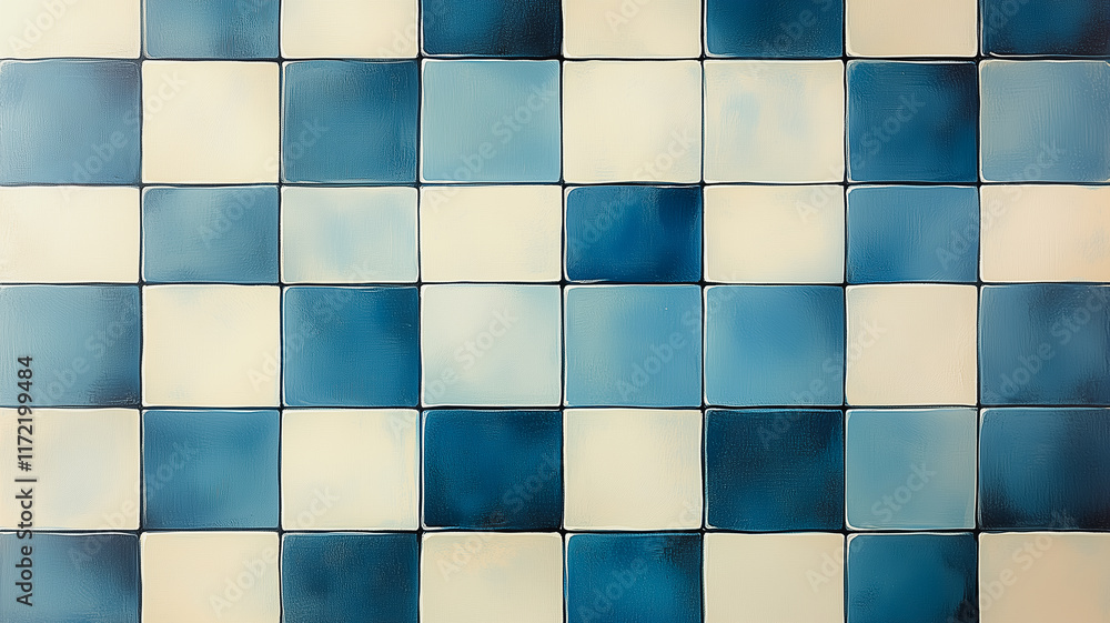 Aufkleber blue and white checkerboard tile pattern: a close-up of a classic checkerboard tile pattern, with sh