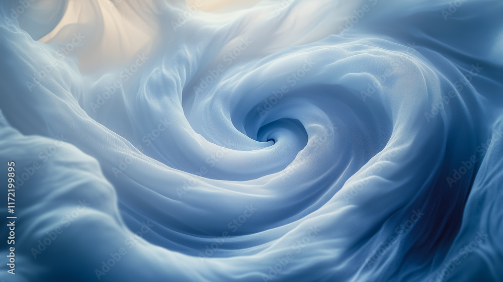 Poster celestial swirl: abstract image of flowing light blue fabric creating a mesmerizing vortex, reminisc