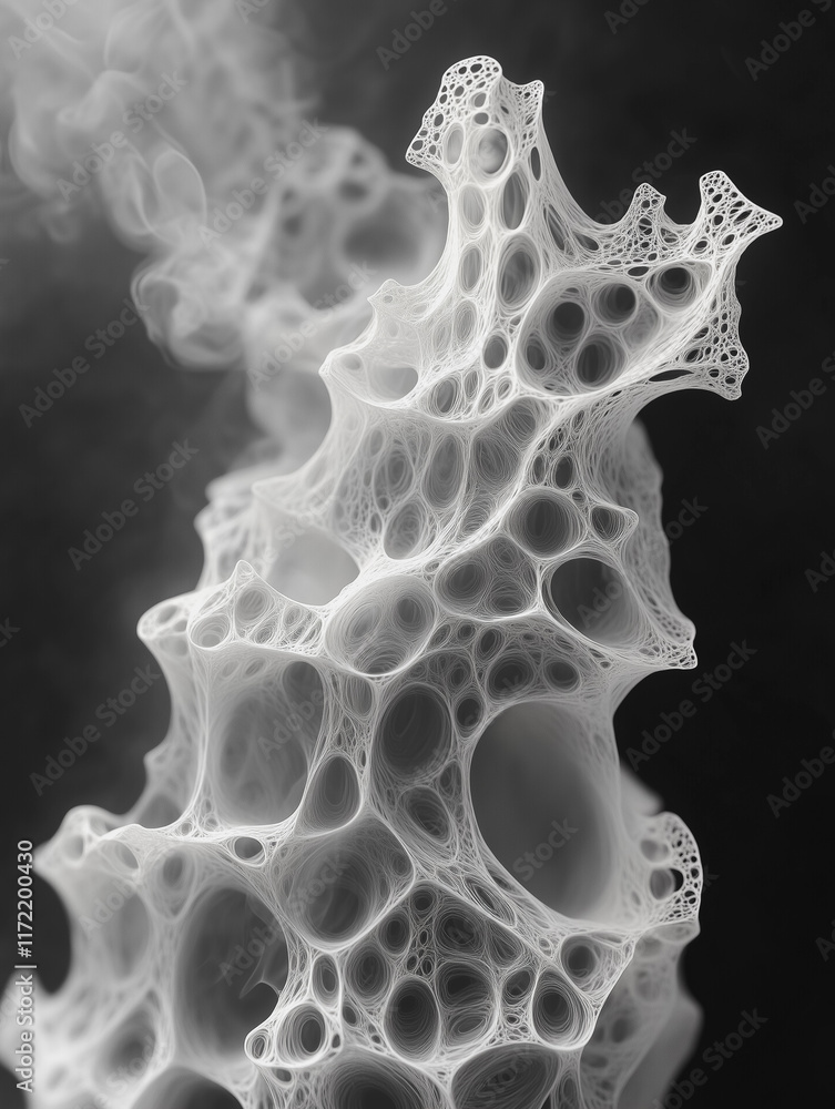 Poster abstract cellular structure: intricate grayscale image of a biomorphic form resembling a complex net