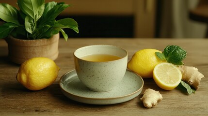 Wellness foods include superfoods for immune-boosting. Warm tea with lemon and ginger on a wooden table.