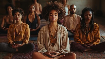 Diverse group meditating, mindful yoga class, focus, calm, peaceful atmosphere, stock photo, for social media/marketing