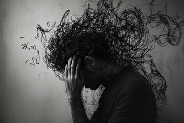 Conceptual artwork depicting a man overwhelmed by chaotic thoughts, rendered in black and white with swirling scribbles around his head.