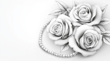 Minimalistic black and white design with roses and pearls, featuring a clean layout and copy space. Perfect for elegant cards, invitations, or artistic projects.