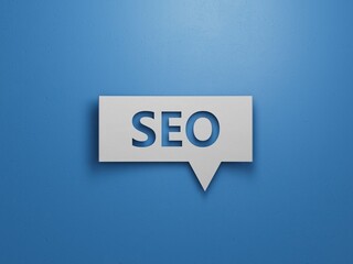 Business and design concept - surreal Speech Bubble with text SEO. the symbol of leadership, communication and success.Business Concept.3D rendering on blue background.