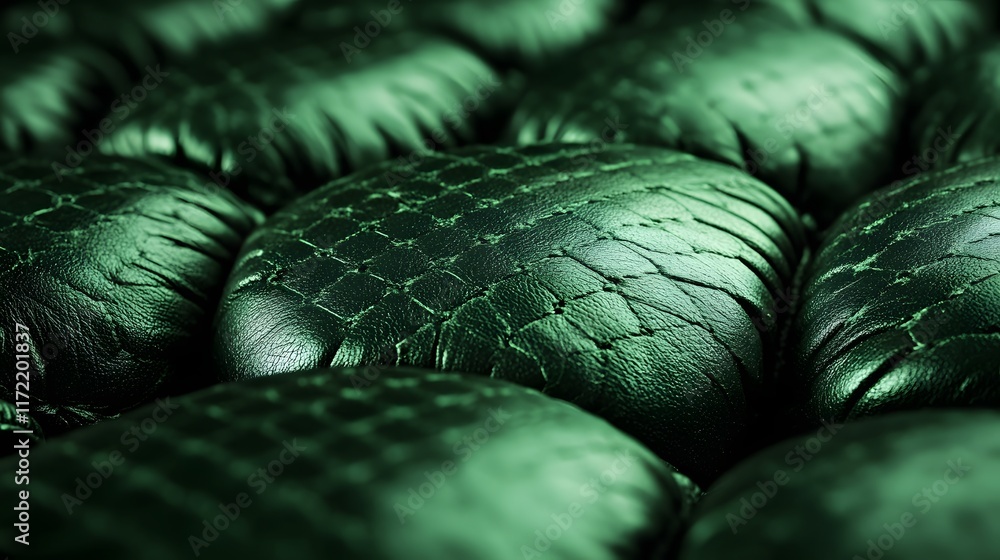 Poster close-up of textured green leather cushions with rich patterns, showcasing the unique craftsmanship 