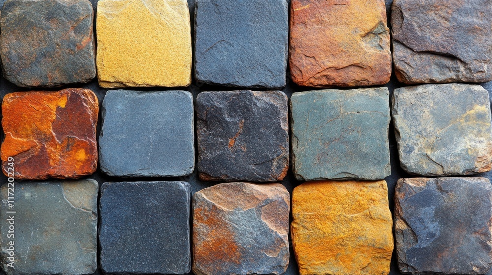 Poster close-up of colorful natural stone tiles arranged in a geometric pattern highlighting unique texture