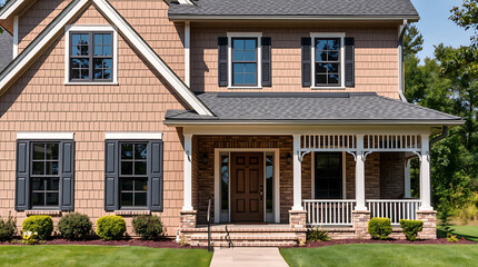 Two-story house with brown siding, dark shutters, gray roof, and a front porch featuring white columns and a balustrade.  Landscaping includes neatly trimmed shrubs.