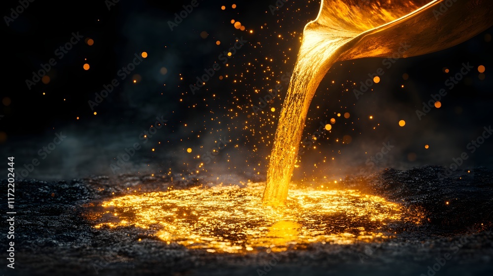 Poster golden liquid flowing from a vessel with sparkling particles and dramatic lighting creating a mystic