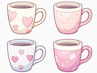 Obraz premium Four Cute Pink Coffee Cups with Hearts and Dots