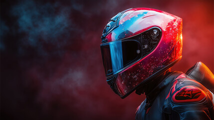 Fototapeta premium Handsome motorcyclist in red leather suit, helmet with visor. Motorcyclist in the dark