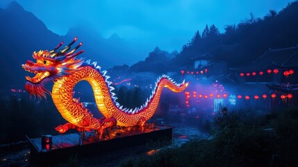 Obraz premium Illuminated Dragon Lantern Festival Mountain Village Scene