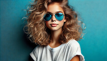 A portrait of a young girl with curly, tousled blonde hair wearing reflective blue sunglasses