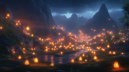 Fototapeta premium Illuminated Mountain Valley Night Scene With Lanterns