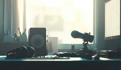 Podcast Studio Setup: Sunlight Streaming Through Window Illuminates Professional Microphone, Headphones, and Speaker