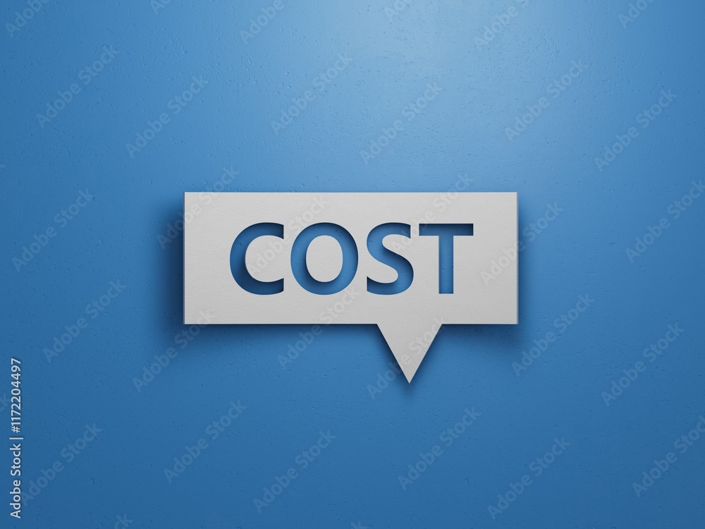 Poster speech bubble block with cost business word.minimalist abstract design with white cut out paper.3d r
