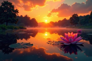 An orange-colored lake at sunset with water lilies, aquatic, water lily