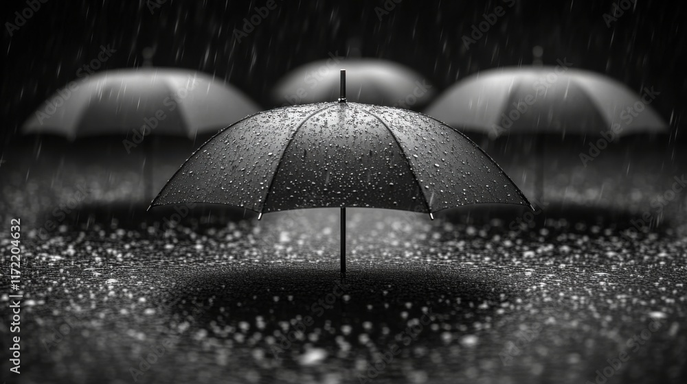 Poster black umbrellas standing in rain with water droplets reflecting light creating a moody and atmospher