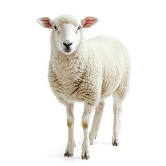 Obraz premium Fluffy sheep standing, white background, farm animal, agriculture.