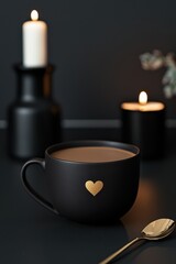 A charming coffee cup adorned with a heart design rests beside a gleaming spoon, radiating warmth and affection perfect for Valentine's Day.