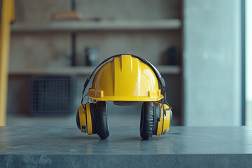 Yellow hard hat and earphones on a table at a construction site.