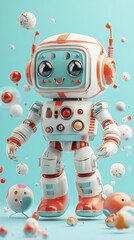 Naklejka premium colorful, cheerful toy robot stands amidst playful spheres, showcasing retro design with bright colors and friendly expression. This whimsical illustration captures joy and nostalgia