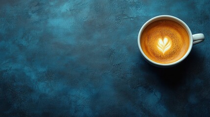 Warm and Inviting Coffee Cup on a Textured Blue Background with Beautiful Latte Art Heart Design for Cozy Moments and Relaxation
