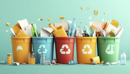 Recycling bins filled with various materials like paper, plastic, and glass, promoting environmental awareness and sustainability. vibrant display of colors encourages community participation