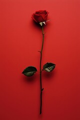 A stunning red rose stands elegantly against a vibrant scarlet backdrop, symbolizing love and passion on Valentine's Day.