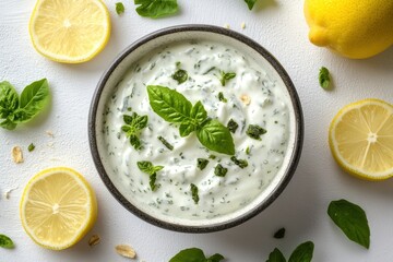 Creamy yogurt dip with fresh basil and lemon. Perfect for adding flavor and freshness to any meal.