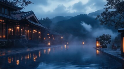 Fototapeta premium Serene Mountain Spa Tranquil Nighttime Poolside Retreat