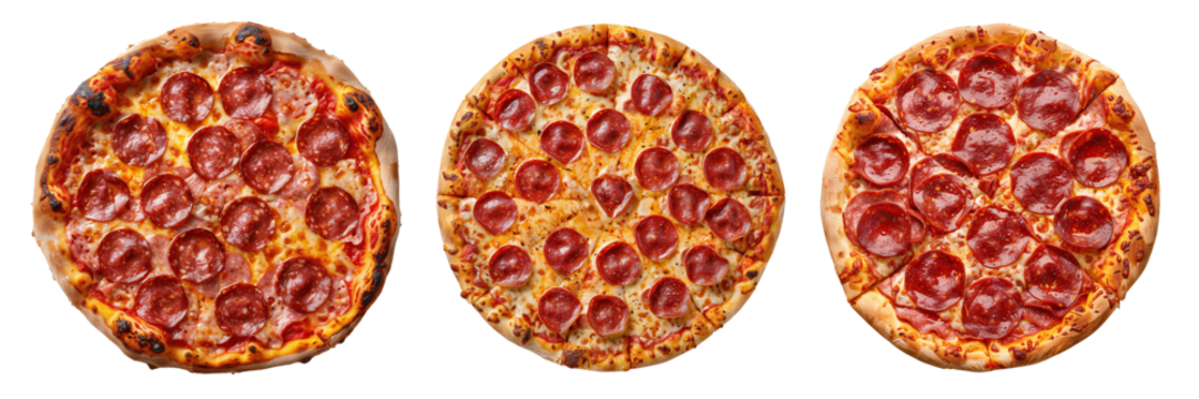 Set of isolated three whole Pepperoni and Salami pizza on transparent background in top view.