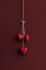 Three vibrant red hearts dangle playfully from a string, set against a rich red backdrop, embodying the spirit of love and affection this Valentine's Day.