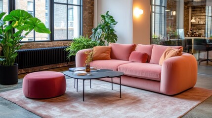 Pink sofa, coffee table, plants, office, workspace