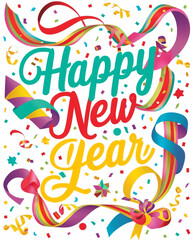 A festive "Happy New Year" illustration with confetti.
