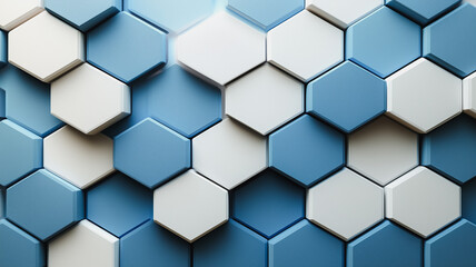 Fototapeta premium Abstract Hexagon Pattern: A mesmerizing abstract background composed of a tessellated array of hexagons in blue and white hues. The pattern creates an illusion of depth, movement.