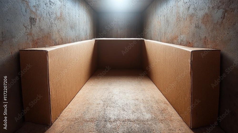 Poster empty and isolated cardboard box in dimly lit room with textured walls and concrete floor highlighti