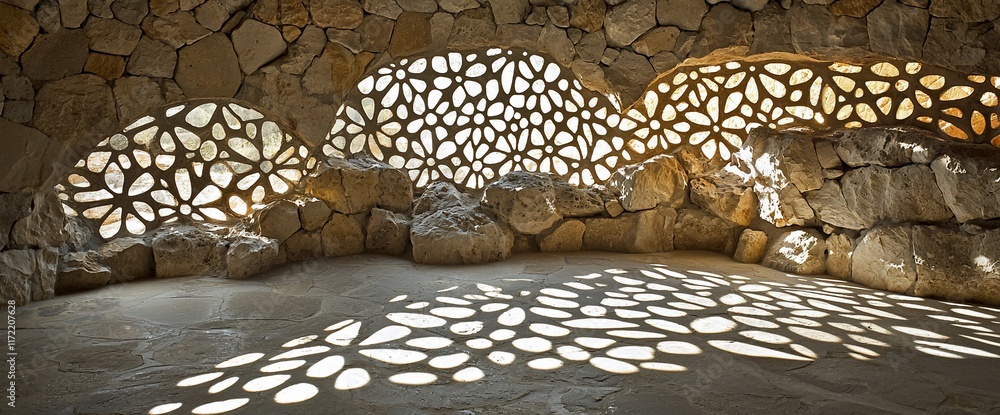 Poster stone room with arched, patterned windows casting light patterns on the floor.