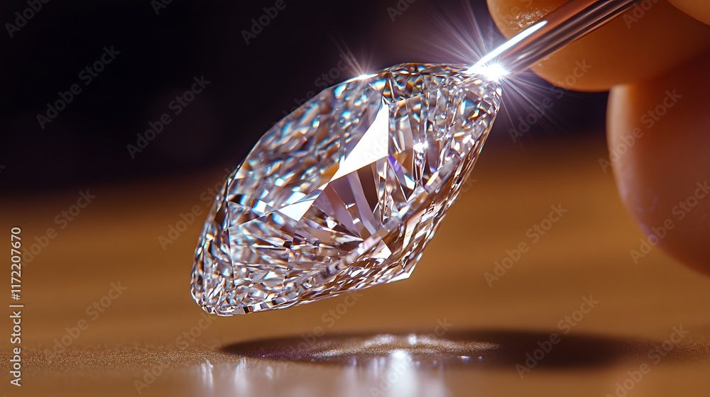 Poster close-up view of a sparkling diamond held by a hand, capturing light reflection and brilliance on a 
