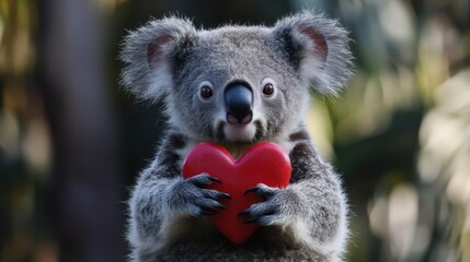 Fototapeta premium A charming koala clutches a vibrant heart, radiating love and affection, perfectly capturing the essence of Valentine's Day joy and warmth.