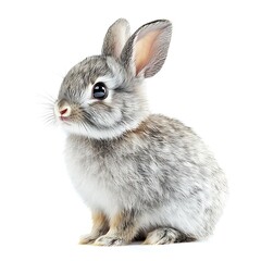 Obraz premium Cute grey bunny rabbit sits on white background; springtime pet animal.