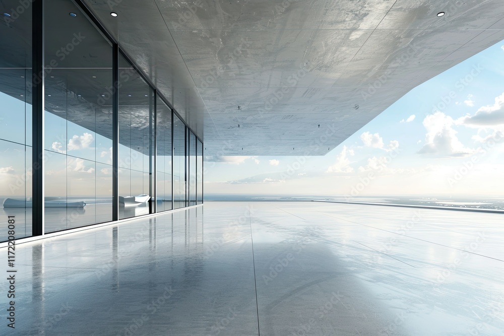 Poster 3d visualization of sleek modern architecture with a blank concrete floor for vehicle display