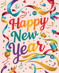 This illustration says "Happy New Year" with colorful ribbons.